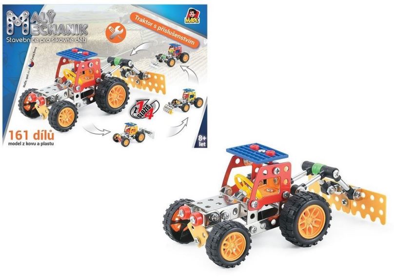 Stavebnice Malý mechanik - traktor s příslušenstvím 4 v 1, 161 ks