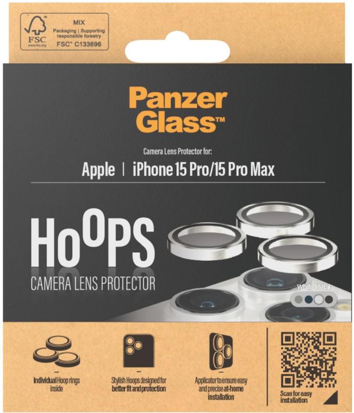 Ochranné sklo na objektiv PanzerGlass HoOps Apple iPhone 15 Pro/15 Pro Max - ochranné kroužky pro čočky fotoaparátu - bílý hli