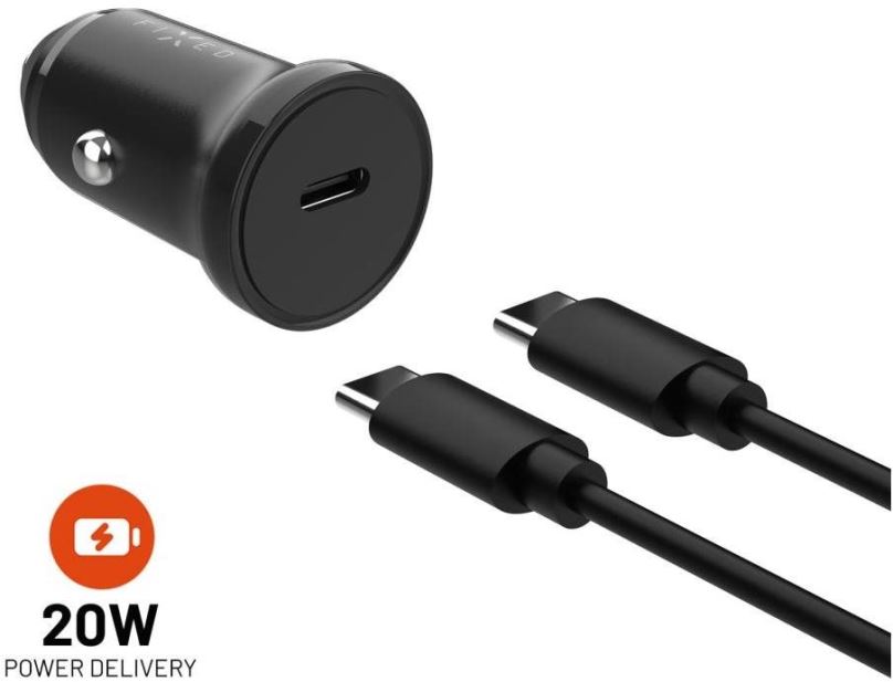 Nabíječka do auta FIXED Car s USB-C výstupem a USB-C/USB-C kabelem podpora PD 1 metr 20W černá