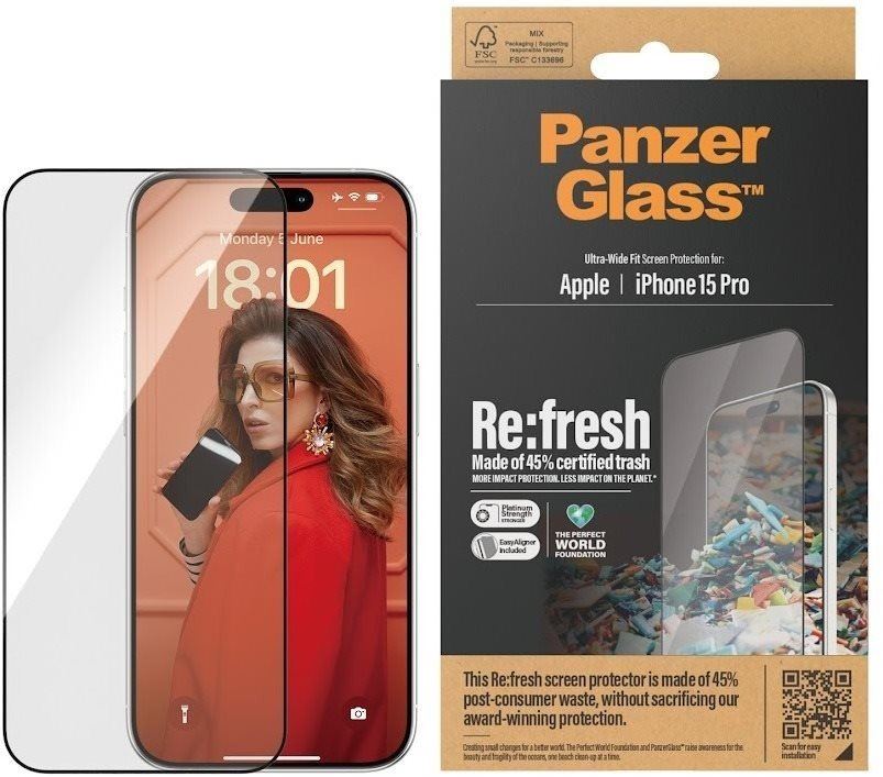 Ochranné sklo PanzerGlass Recycled Glass Apple iPhone 15 Pro s instalačním rámečkem