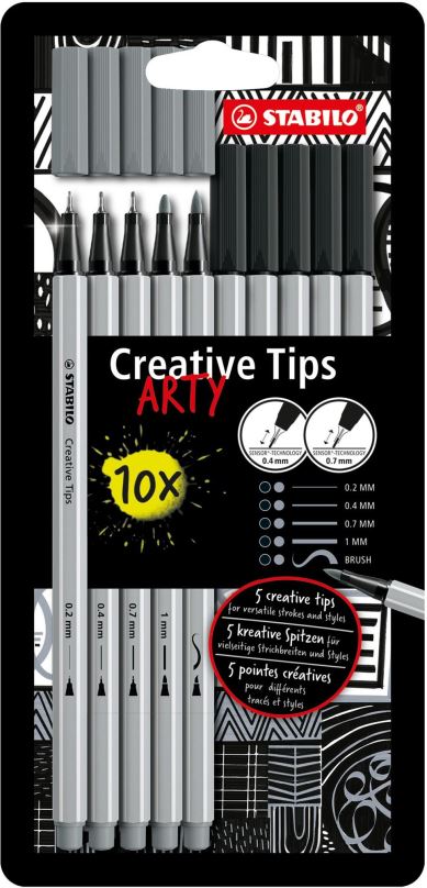 Linery STABILO Creative Tips ARTY - sada 10 ks (černá a středně šedá barva)