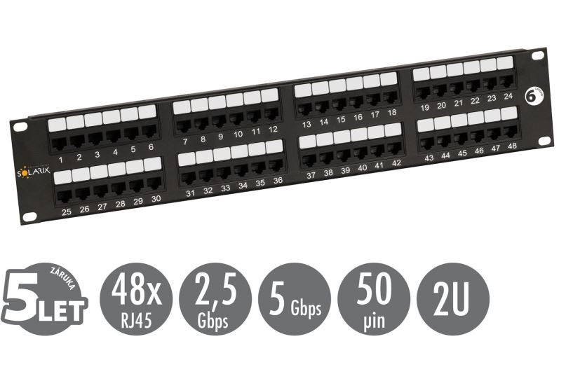 19" Patch panel Solarix 48 x RJ45 CAT6 UTP černý