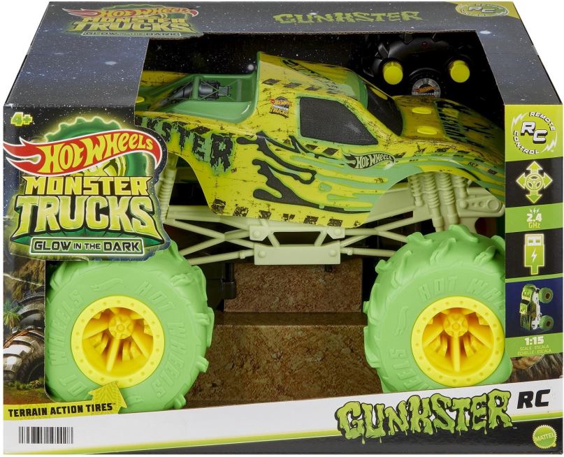 RC auto Hot Wheels RC Monster Trucks Gunkster svítící ve tmě 1:15