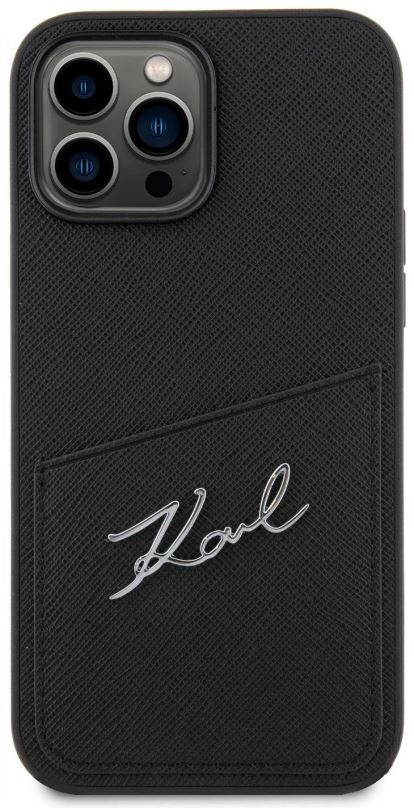 Kryt na mobil Karl Lagerfeld Saffiano Card Slot Metal Signature Zadní Kryt pro iPhone 14 Pro Max Black