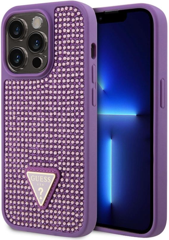Kryt na mobil Guess Rhinestones Triangle Metal Logo Kryt pro iPhone 15 Pro Purple