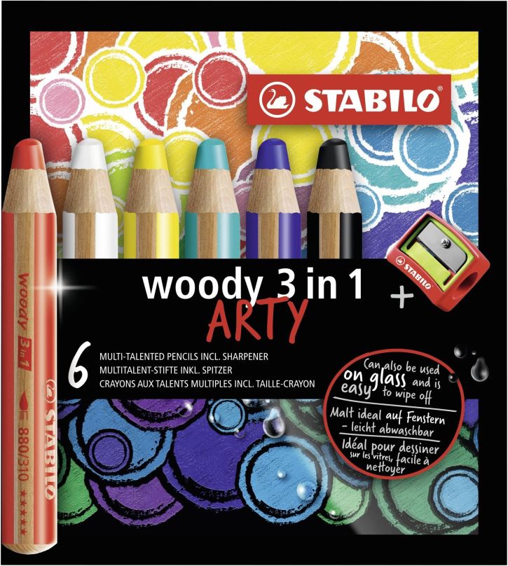 Pastelky STABILO Barevné tužky "Woody ARTY 3 in 1", 6 různých barev, kulatá, silná, STABILO