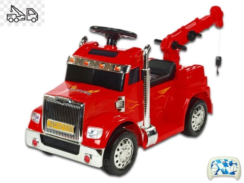 Elektrické auto pro děti náklaďák s funkčním otočným jeřábem, červený