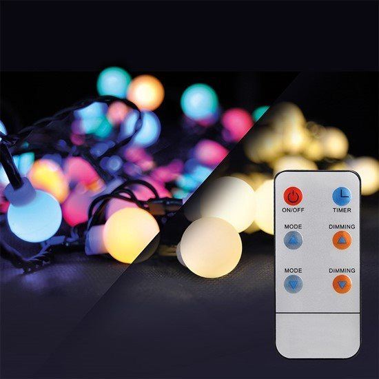 Světelný řetěz Solight LED 2v1 venkovní vánoční řetěz, koule, dálkový ovladač, 200LED, RGB+bílá, 20m+5m, 8 funkcí,