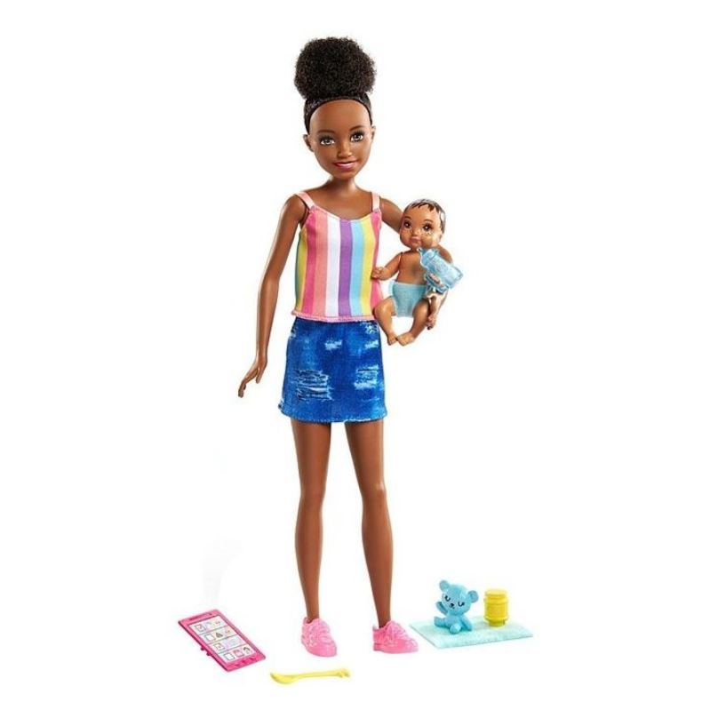 Barbie Chůva černoška + miminko s doplňky, Mattel GRP12