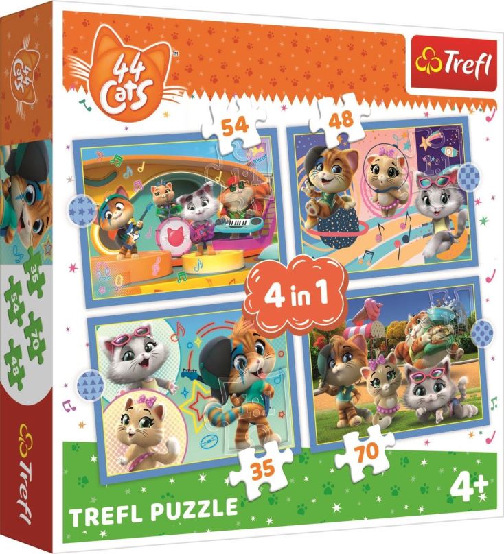 Puzzle Trefl Puzzle 44 koček: Kočičí tým 4v1 (35,48,54,70 dílků)