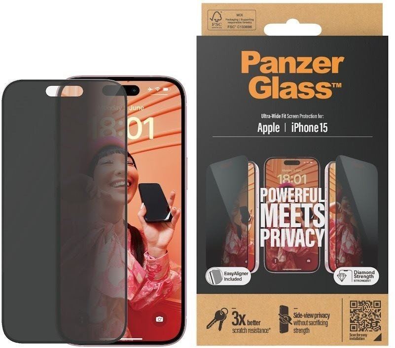 Ochranné sklo PanzerGlass Privacy Apple iPhone 15 s instalačním rámečkem