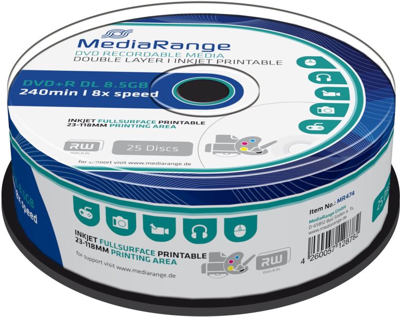 Média MEDIARANGE DVD+R 8,5GB 8x Dual Layer spindl 25ks Inkjet Printable