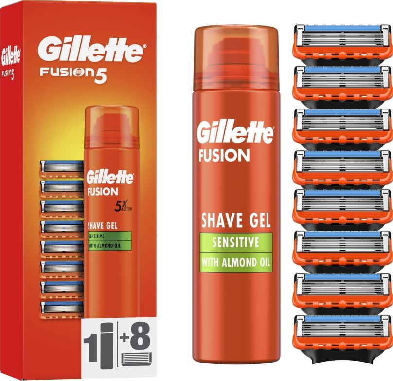 Pánské náhradní hlavice GILLETTE Fusion5 8 ks + Gel Na Holení Sensitive 200 ml