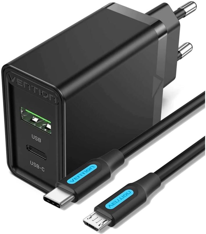 Nabíječka do sítě Set Vention 2-Port USB (A+C) (18W + 20W PD) Black + USB-C 2.0 to Micro USB 2A 1M Black