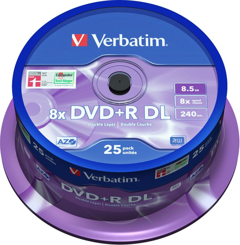 Média VERBATIM DVD+R DL AZO 8,5GB, 8x, spindle 25 ks
