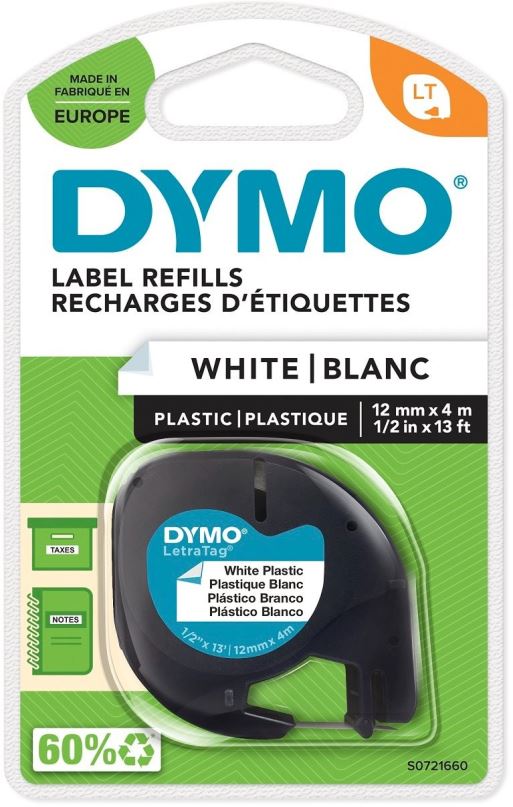 TZ páska Dymo LetraTAG, 91221, S0721660, bílá/černá, 12 mm