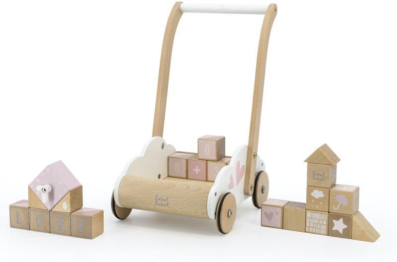 Dřevěné kostky Label Label Dětský vozíček s kostkami růžový