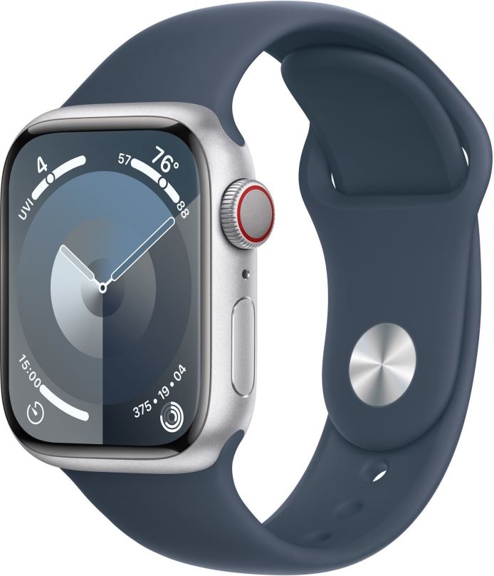 Chytré hodinky Apple Watch Series 9 41mm Cellular Stříbrný hliník s bouřkově modrým sportovním řemínkem - S/M