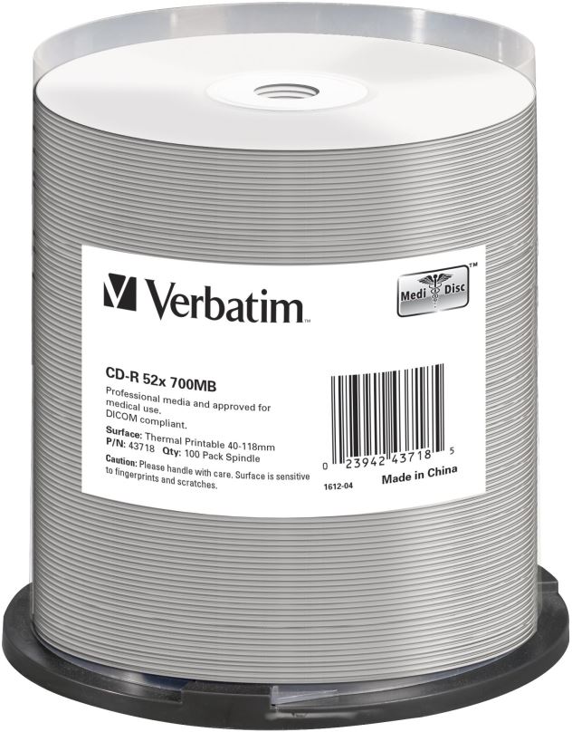 Média VERBATIM CD-R DataLifePlus 700MB, 52x, thermal printable, spindle 100 ks