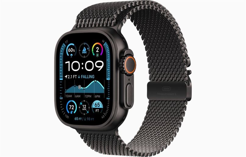 Apple Watch Ultra 2 GPS + Cellular, 49mm černě titanové pouzdro s černě titanovým milánským tahem z titanu - L - mx5v3cs/a