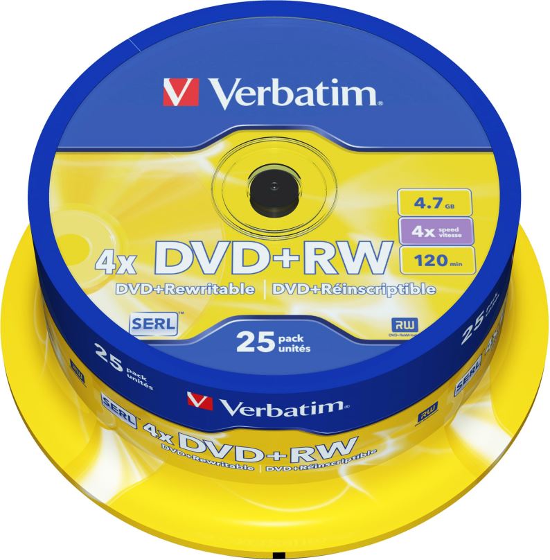 Média VERBATIM DVD+RW SERL 4,7GB, 4x, spindle 25 ks