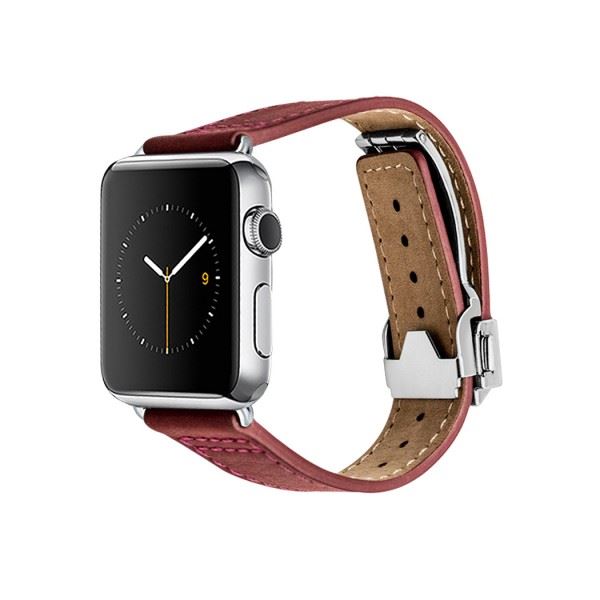 Monowear Red Leather Deployant Band pro Apple Watch - Stainless Steel 42 mm