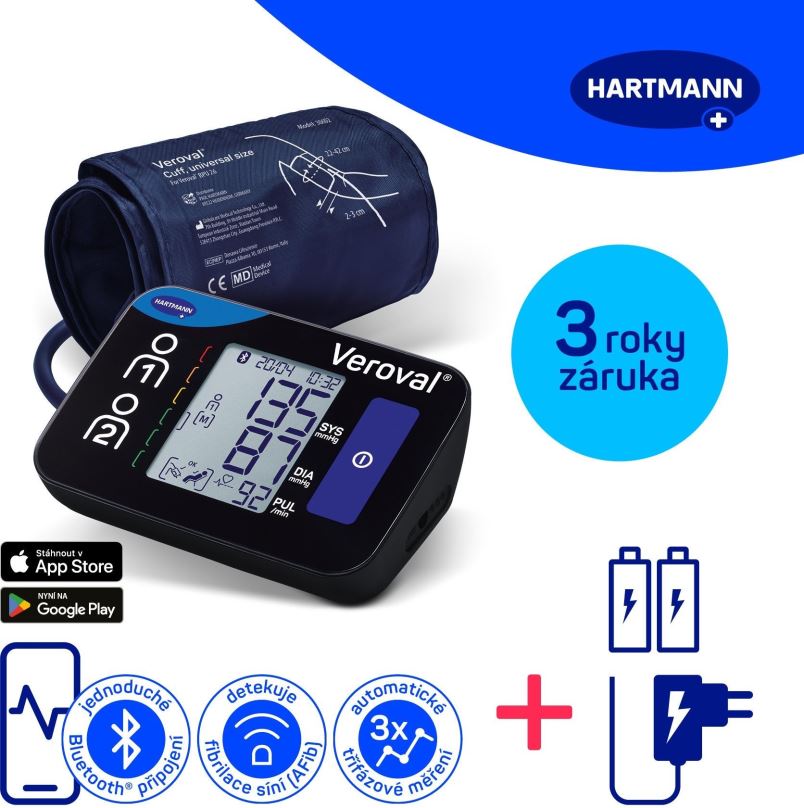 Tlakoměr HARTMANN Veroval Compact + Connect s AFIB a Bluetooth připojením + adaptér (set), 3 roky záruka