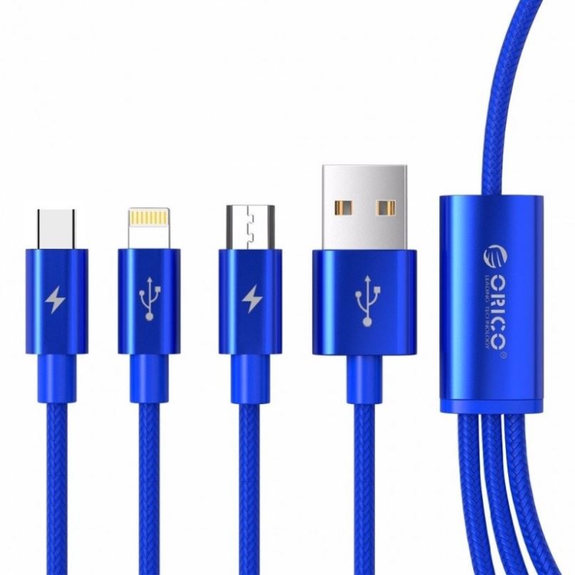 Napájecí kabel Orico Nylon 3in1 (USB-C, microUSB, Lightning), 3A, 1.2m