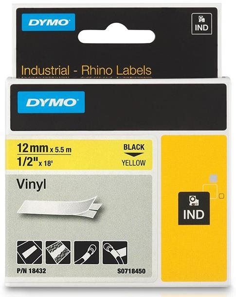 Dymo originální páska do tiskárny štítků, Dymo, 18432, S0718450, černý tisk/žlutý podklad, 5.5m, 12mm, RHINO vinylová profi D1