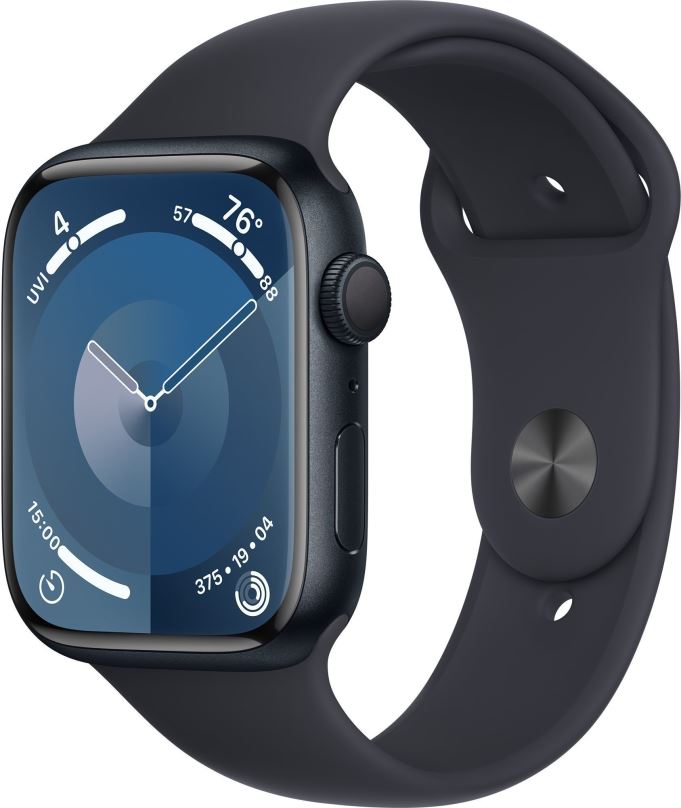 Chytré hodinky Apple Watch Series 9 45mm Temně inkoustový hliník s temně inkoustovým sportovním řemínkem - M/L