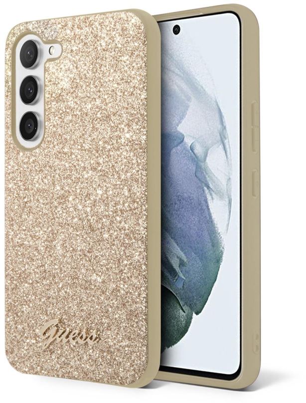 Kryt na mobil Guess PC/TPU Glitter Flakes Metal Logo Zadní Kryt pro Samsung Galaxy S23+ Gold