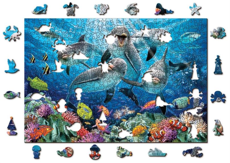 Puzzle Woden City Dřevěné puzzle Šťastní delfíni 2v1, 505 dílků eko