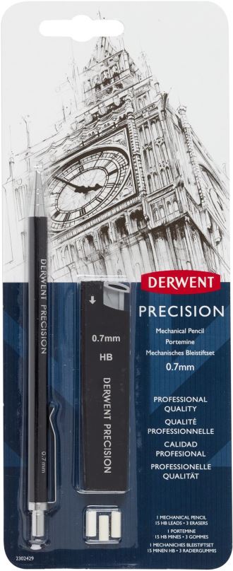 Mikrotužka DERWENT Precision Mechanical Pencil Set 0.7 mm HB, 15 tuh v balení + 3 gumy