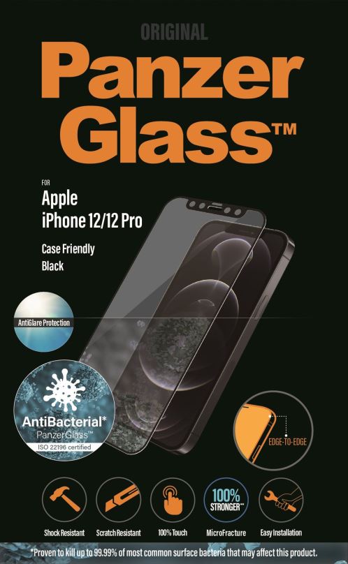 Ochranné sklo PanzerGlass Edge-to-Edge Antibacterial pro Apple iPhone 12/12 Pro černé s Anti-Glare vrstvou