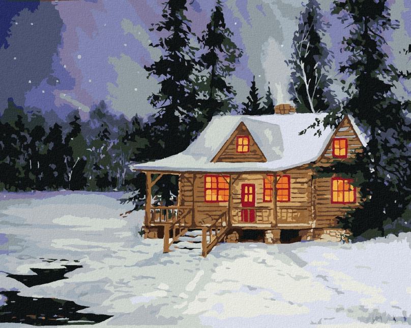 Malování podle čísel Srub v zimním lese, 40x50 cm, bez rámu a bez vypnutí plátna