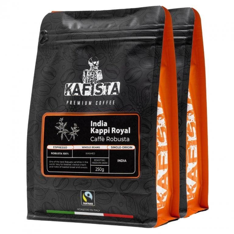 Káva Kafista "India Kappi Royal" - 100% Robusta, Pražená v Itálii - zrnková káva na espresso 2 x 250 g