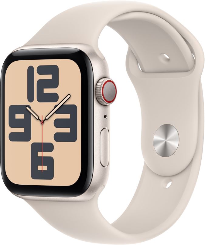 Chytré hodinky Apple Watch SE Cellular 44mm Hvězdně bílý hliník s hvězdně bílým sportovním řemínkem - S/M