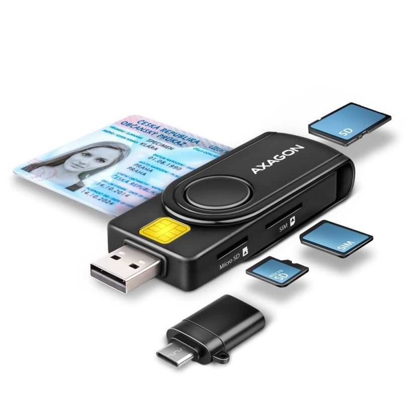 Čtečka eObčanek AXAGON CRE-SMP2A Smart card / ID card & SD/microSD/SIM card PocketReader, USB-A + USB-C
