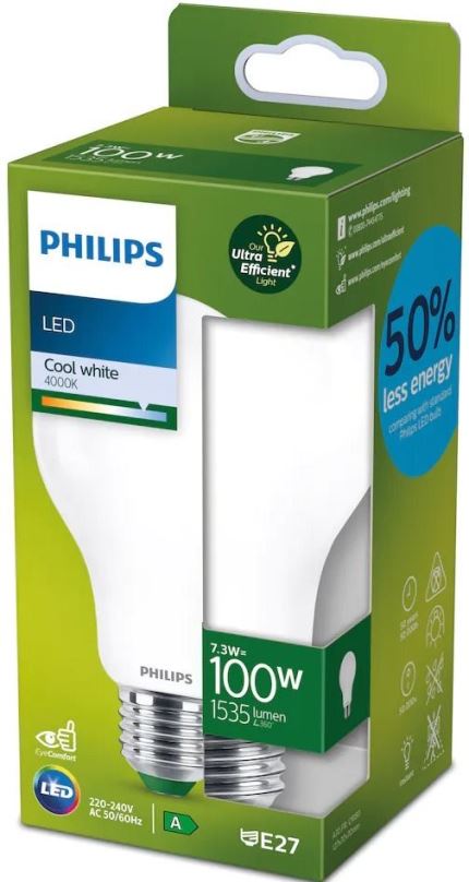 LED žárovka Philips LED 7,3-100W, E27, 4000K, mléčná, A