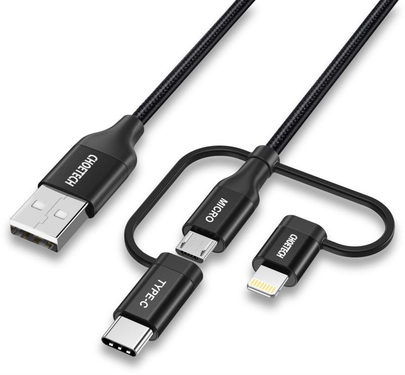 Datový kabel Choetech 1.2m MFI 3-in-1 usb-A to type-c+micro+lightening nylon cable