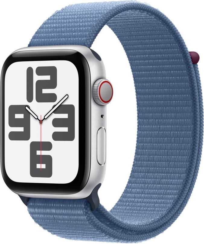Chytré hodinky Apple Watch SE Cellular 44mm Stříbrný hliník s ledově modrým provlékacím sportovním řemínkem