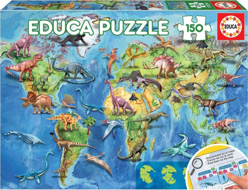 Puzzle Educa Puzzle Mapa světa s dinosaury 150 dílků