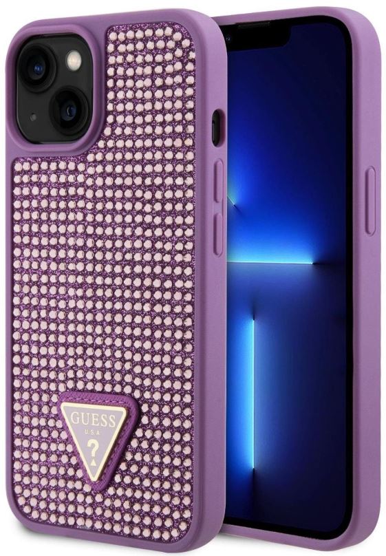 Kryt na mobil Guess Rhinestones Triangle Metal Logo Kryt pro iPhone 15 Purple