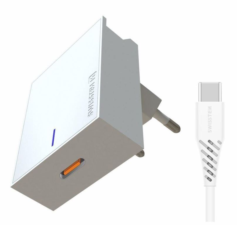 Nabíječka do sítě Swissten síťový adaptér pro Samsung Super Fast Charging 25W + datový kabel USB-C/USB-C 1,2 m bílý