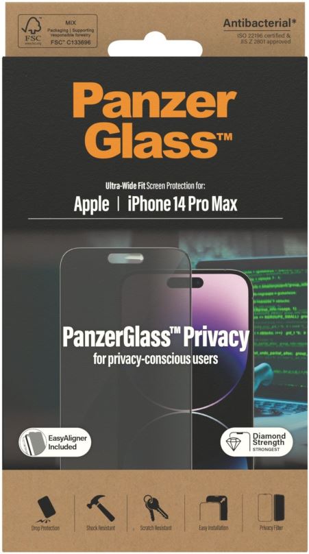 Ochranné sklo PanzerGlass Privacy Apple iPhone 14 Pro Max s instalačním rámečkem