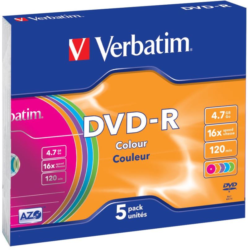 Média VERBATIM DVD-R AZO 4,7GB, 16x, colour, slim case 5 ks