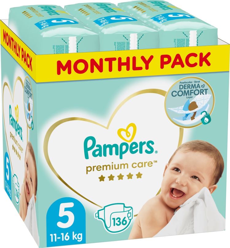 Jednorázové pleny PAMPERS Premium Care vel. 5 Junior (136 ks) - měsíční balení