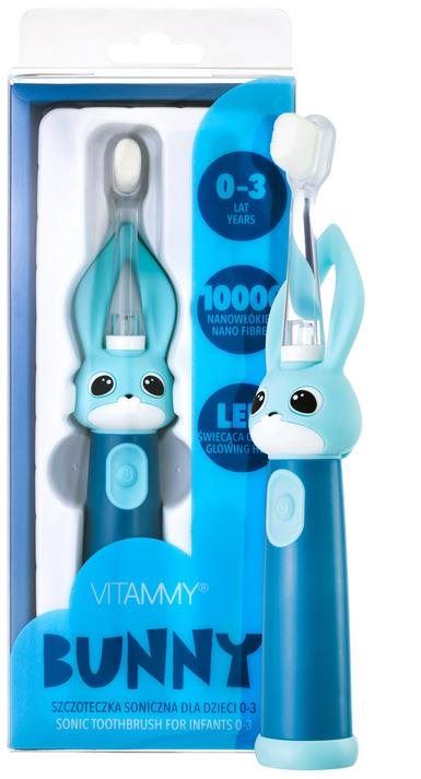 Elektrický zubní kartáček VITAMMY Bunny s LED světlem a nanovlákny, 0-3 roky, modrá