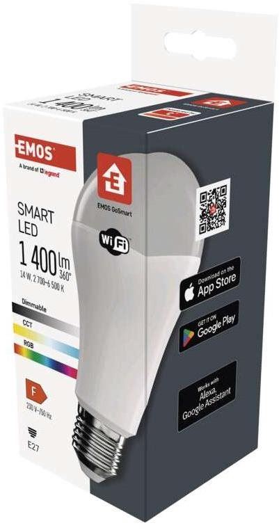 LED žárovka EMOS Chytrá LED žárovka GoSmart A65 E27 14 W (94 W) 1 400 lm RGB stmívatelná Wi-Fi