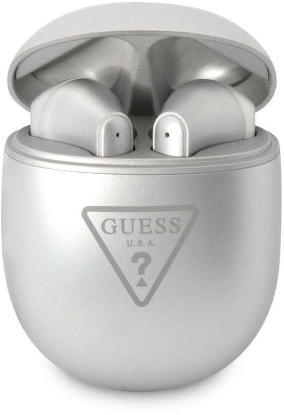 Bezdrátová sluchátka Guess True Wireless Triangle Logo BT5.0 4H Stereo Earphones Glossy Silver